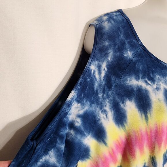 Erin London Womens Top Large Tie Dye 3/4 Sleeve Cold Shoulder Scoop Neck Blue - Picture 6 of 9